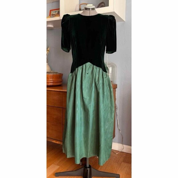 Vtg 80s Jane Schaffhausen Belle France Green Velvet & Taffeta Midi Dress Bk Bow - Picture 1 of 8